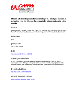 1 Modm DNA Methyltransferase Methylome Analysis Reveals a Potential Role for Moraxella 2 Catarrhalis Phasevarions in Otitis Media 3 4 Luke V