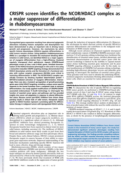 CRISPR Screen Identifies the NCOR/HDAC3 Complex As a Major Suppressor of Differentiation in Rhabdomyosarcoma