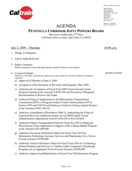 AGENDA EXECUTIVE DIRECTOR PENINSULA CORRIDOR JOINT POWERS BOARD Bacciocco Auditorium, 2Nd Floor 1250 San Carlos Avenue, San Carlos CA 94070