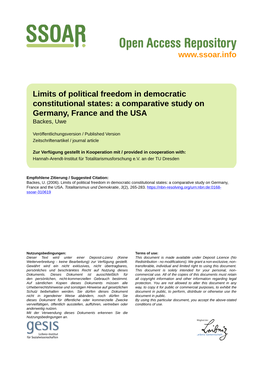 Limits of Political Freedom in Democratic Constitutional States: a Comparative Study on Germany, France and the USA Backes, Uwe