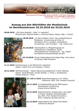 Auszug Aus Den Aktivitäten Der Musikschule Im Berichtszeitraum 19.10.2018 Bis 23.03.2019