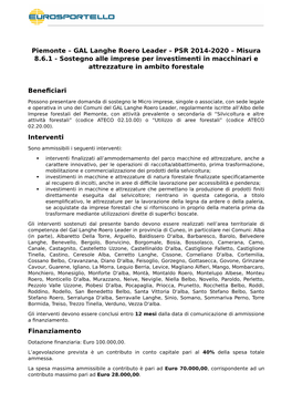 Piemonte – GAL Langhe Roero Leader – PSR 2014-2020 – Misura 8.6.1 - Sostegno Alle Imprese Per Investimenti in Macchinari E Attrezzature in Ambito Forestale