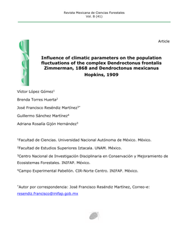 Influence of Climatic Parameters on the Population Fluctuations of the Complex Dendroctonus Frontalis Zimmerman, 1868 and Dendroctonus Mexicanus Hopkins, 1909