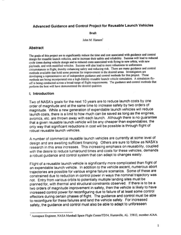 Advanced Guidance and Control Project for Reusable Launch Vehicles Abstract I. Introduction Two of NASA's Goals for the Next 10