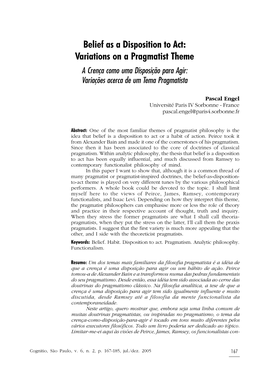 Belief As a Disposition to Act: Variations on a Pragmatist Theme a Crença Como Uma Disposição Para Agir: Variações Acerca De Um Tema Pragmatista