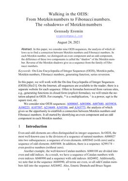 From Motzkin Numbers to Fibonacci Numbers. the «Shadows» of Motzkin Numbers Gennady Eremin Ergenns@Gmail.Com August 24, 2021