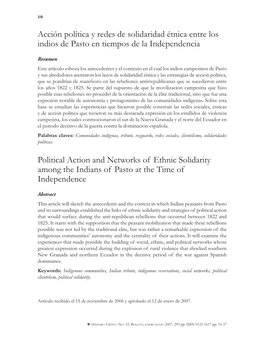 Acción Política Y Redes De Solidaridad Étnica Entre Los Indios De Pasto En Tiempos De La Independencia Political Action and N