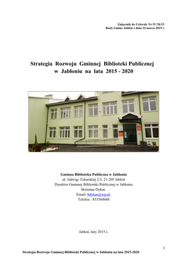 Strategia Rozwoju Gminnej Biblioteki Publicznej W Jabłoniu Na Lata 2015 - 2020