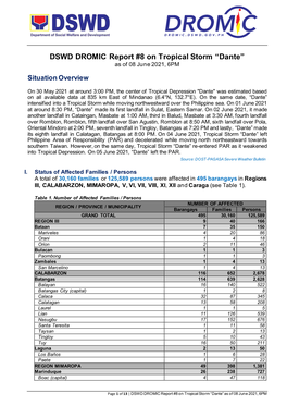 DSWD DROMIC Report #8 on Tropical Storm “Dante” As of 08 June 2021, 6PM