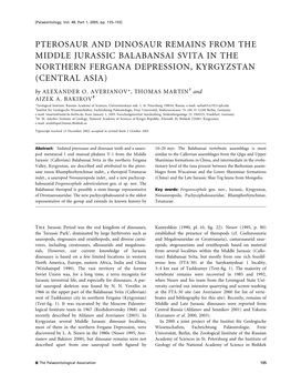 PTEROSAUR and DINOSAUR REMAINS from the MIDDLE JURASSIC BALABANSAI SVITA in the NORTHERN FERGANA DEPRESSION, KYRGYZSTAN (CENTRAL ASIA) by ALEXANDER O