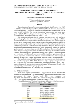 Measuring the Performance of Regional Government: Using Data Envelopment Analysis (Dea) Approach