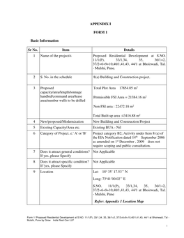 APPENDIX I FORM 1 Basic Information Sr No. Item Details 1