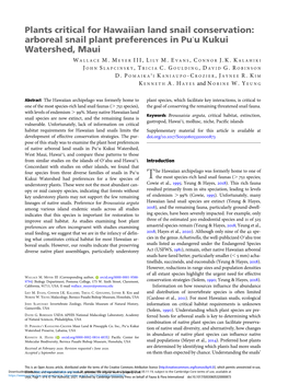 Plants Critical for Hawaiian Land Snail Conservation: Arboreal Snail Plant Preferences in Puʻu Kukui Watershed, Maui