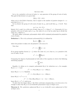 Section 13.6. Let Ζn Be a Primitive N-Th Root of Unity, I.E. Any Generator of the Group of Roots of Unity. the Goal of This