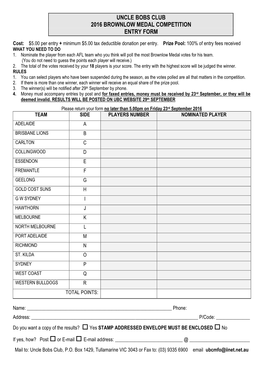 Uncle Bobs Club 2016 Brownlow Medal Competition Entry Form