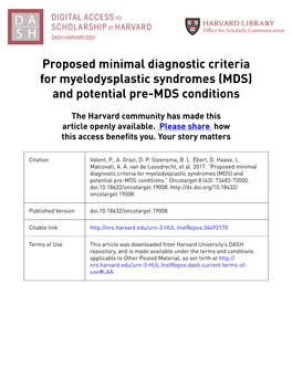 Proposed Minimal Diagnostic Criteria for Myelodysplastic Syndromes (MDS) and Potential Pre-MDS Conditions