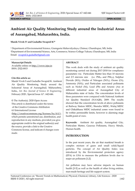 Ambient Air Quality Monitoring Study Around the Industrial Areas of Aurangabad, Maharashtra, India