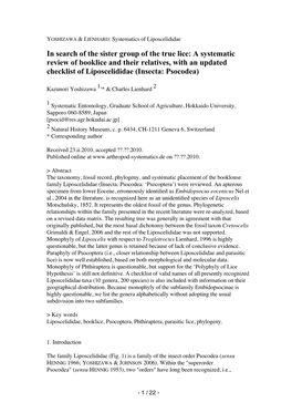 In Search of the Sister Group of the True Lice: a Systematic Review of Booklice and Their Relatives, with an Updated Checklist of Liposcelididae (Insecta: Psocodea)