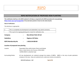Rspo Notification of Proposed New Planting