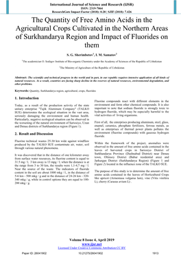 The Quantity of Free Amino Acids in the Agricultural Crops Cultivated in the Northern Areas of Surkhandarya Region and Impact of Fluorides on Them