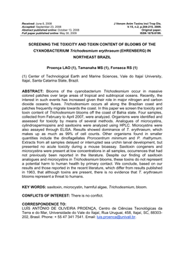 Screening on the Toxicity and Toxin Content of Trichodesmium