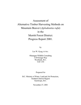 Aplodontia Rufa) in the Merritt Forest District: Progress Report 2001