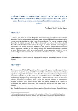 Análisis Con Fines Interpretativos De La “Wesendoncksonata” De Richard Wagner. Un Acercamiento Desde: La Música Como Discu