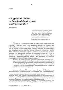 A Legalidade Traída: Os Dias Sombrios De Agosto E Setembro De 1961