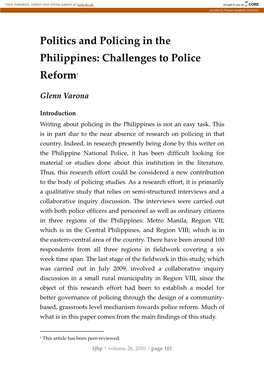 Politics and Policing in the Philippines: Challenges to Police Reform1