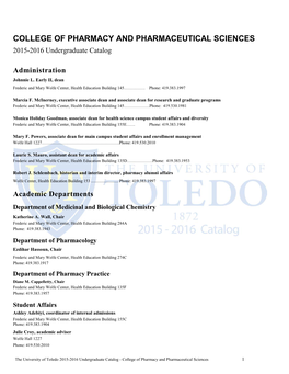 COLLEGE of PHARMACY and PHARMACEUTICAL SCIENCES 2015-2016 Undergraduate Catalog