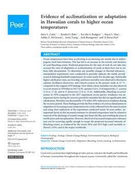 Evidence of Acclimatization Or Adaptation in Hawaiian Corals to Higher Ocean Temperatures