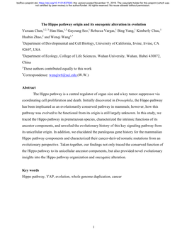 The Hippo Pathway Origin and Its Oncogenic Alteration in Evolution