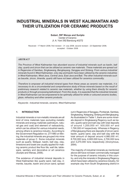 Industrial Minerals in West Kalimantan and Their Utilization for Ceramic Products