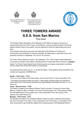 THREE TOWERS AWARD S.E.S. from San Marino Press Release