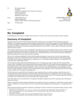 Complaint Cyberknights Pty Ltd Wishes to Complain About the Business Conduct of the Sco Group Australia and New Zealand
