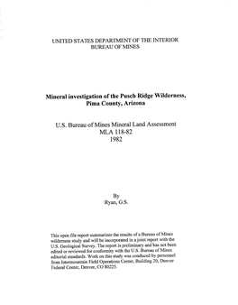 Mineral Investigation of the Pusch Ridge Wilderness, Pima County, Arizona