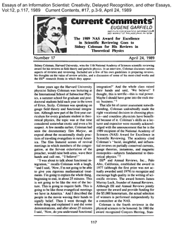 The 1989 NAS Award for Excellence in Scientific Reviewing Goes to Sidney Coleman for His Reviews in Theoretical Physics