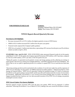 WWE® Reports Record Quarterly Revenue