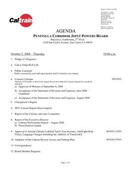 AGENDA PENINSULA CORRIDOR JOINT POWERS BOARD Bacciocco Auditorium, 2Nd Floor 1250 San Carlos Avenue, San Carlos CA 94070