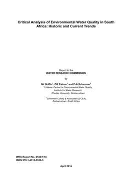 Critical Analysis of Environmental Water Quality in South Africa: Historic and Current Trends