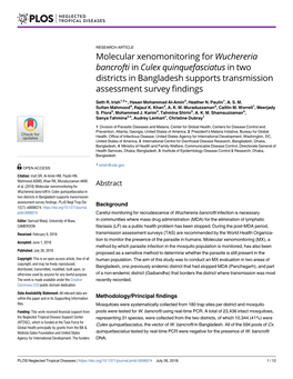 Molecular Xenomonitoring for Wuchereria Bancrofti in Culex Quinquefasciatus in Two Districts in Bangladesh Supports Transmission Assessment Survey Findings