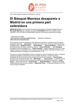 El Bàsquet Manresa Desapareix a Madrid En Una Primera Part