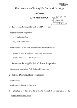 The Inventory of Intangible Cultural Heritage in Japan As of March 2009