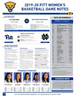 2019-20 Pitt Women's Basketball Game Notes