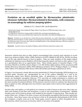 Araneae: Salticidae: Myrmarachnini) in Karnataka, with Comments on Araneophagy by Salticine Jumping Spiders