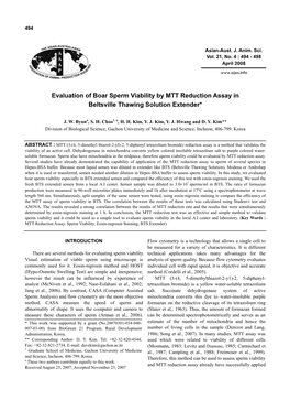 Evaluation of Boar Sperm Viability by MTT Reduction Assay in Beltsville Thawing Solution Extender*