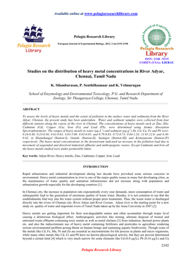 Studies on the Distribution of Heavy Metal Concentrations in River Adyar, Chennai, Tamil Nadu
