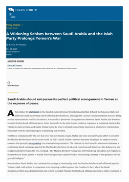 A Widening Schism Between Saudi Arabia and the Islah Party Prolongs Yemen's War by Karim Al-Yemani