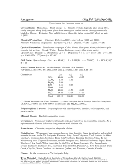 Antigorite (Mg; Fe )3Si2o5(OH)4 C 2001 Mineral Data Publishing, Version 1.2 ° Crystal Data: Monoclinic