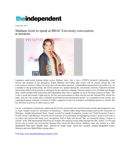 Shabana Azmi to Speak at BRAC University Convocation DL REPORTER